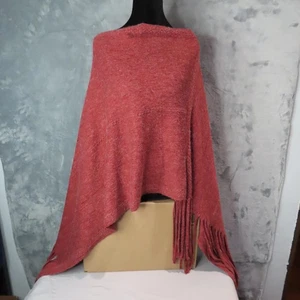 Poncho Damen Einheitsgröße rot Strick Fransen Quaste Acryl Schal Halstuch Cape weich kuschelig - Bild 1 von 10