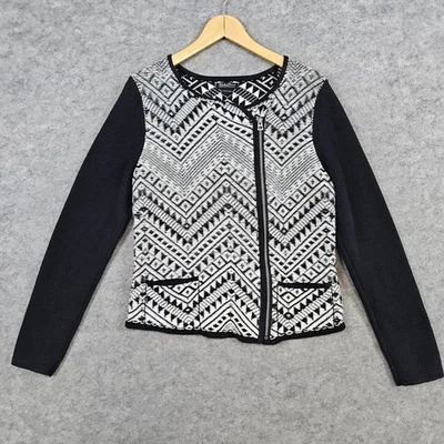 Suéter estampado azteca Lucky Brand blanco y negro talla L cremallera asimétrica para mujer Foto 1 de 4