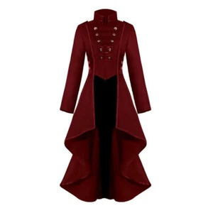 Ladies Steampunk Gothic Long Coat, Retro Red Jacket Punk Clothes Vintage Long - Picture 1 of 7