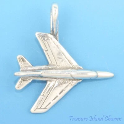 Jet Plane Fighter Airplane 3D 925 Solid Sterling Silver Charm Pendant USA MADE - Imagem 1 de 2