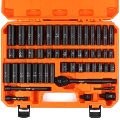 50Pc 3/8" Drive Impact Socket Set  Ratchet Wrench Metric SAE Deep Short Sockets - image 1 of 4