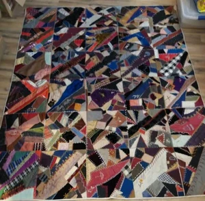 Edredón vintage Crazy Patchwork atado hecho a mano bordado algodón satinado 64,5x72,5 - Imagen 1 de 21