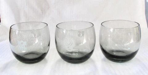 Set of 3 Vintage NFL Licensed Baltimore Colts Smokey Glass Drinking Glasses Cover