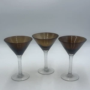 Pier 1 Set Of 3 Dark Amber Brown & Clear Martini Glasses With Crackle Stems - Picture 1 of 3