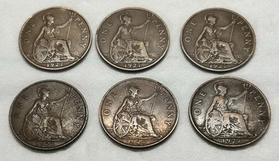 Lot (6) 🇬🇧 Great Britain One Pennies King George V KM 826 All Six 1927(GB260) - Image 1 of 2
