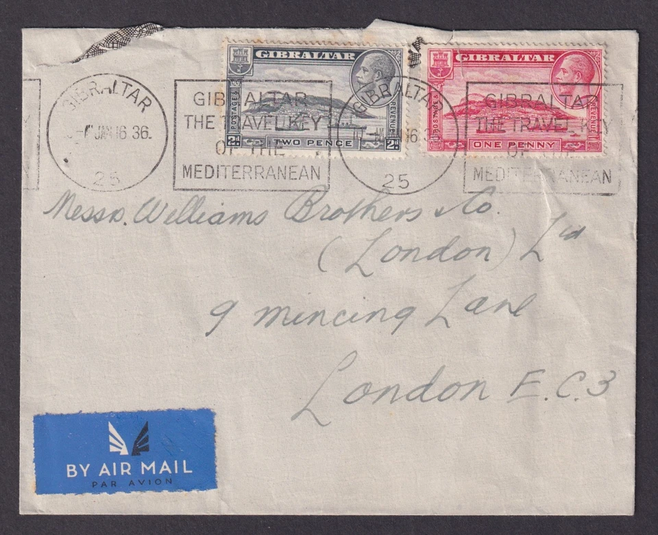 GIBRALTAR 1936, Cubierta de correo aéreo a Londres Reino Unido Foto 1 de 3