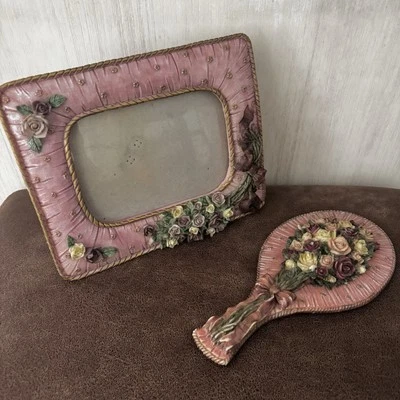 Espejo de mano victoriano floral coqueta rosa polvorienta vintage + marco lazo rosa 3D Foto 1 de 4