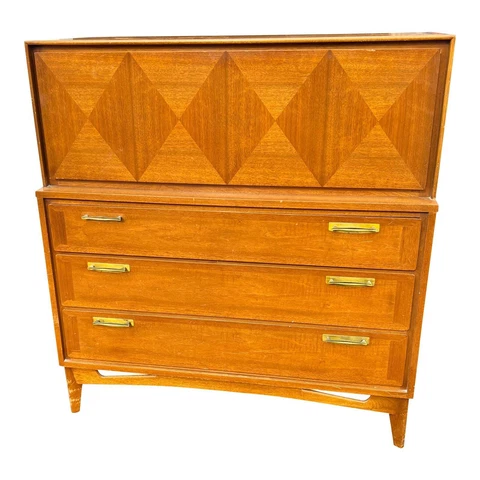Mid 20th Century Red Lion Brown Wood Drop Lid Desk Dresser High Chest Cover
