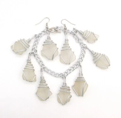 Pulsera/pendientes de cadena colgante envueltos en cuarzo esmerilado sintético plateado-T nuevo sin etiquetas Foto 1 de 3