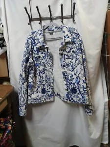 Pure Amici Italian Design Coat Size Large Blue White Floral Birds Boho EUC Coast - Picture 1 of 12