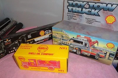 3 Shell Toy Trucks ~ Corgi (1:64 Scale) Racing Transporter / 1931 Hawkeye - ERTL - Image 1 of 4
