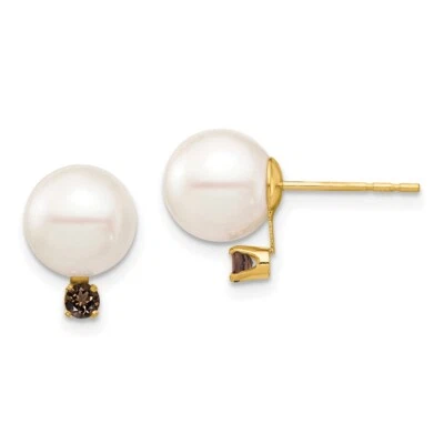 10.78mm 14k Gold 8-8.5mm White Freshwater Cultured Pearl Smoky Quartz Earrings - Image 1 of 3