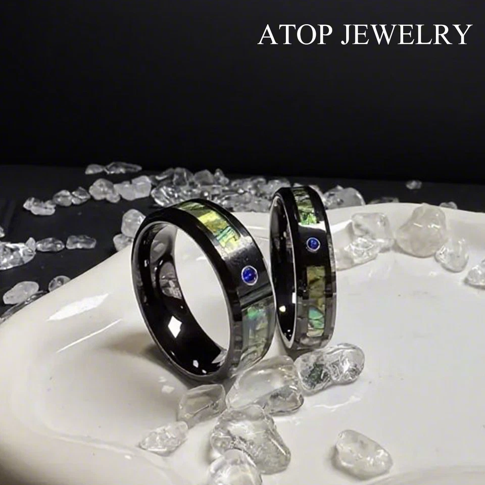 8/6mm Black Tungsten Ring Blue Cubic Zirconia Colored glaze Inlay ATOP Jewelry - Image 1 of 1