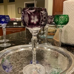 Bohemian Cut Crystal Wine Hocks | Color Cut to Clear Crystal Wine Glasses - Picture 1 of 31