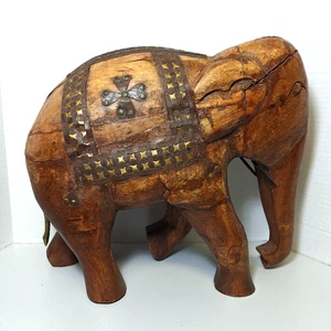 Vintage großer handgeschnitzter Elefant aus Holz ca. 14 Zoll hoch schwerer Metallsattel unten - Bild 1 von 19