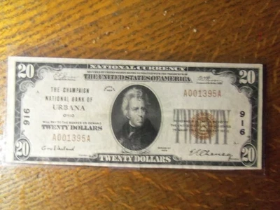 1929 $20,  CHAMPAIGN  NATIONAL BANK OF  URBANA,  OHIO CHARTER 916 - Image 1 of 3
