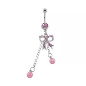 Steel CZ Gem Belly Button Ring Navel Piercing Pink Bow - Picture 1 of 2