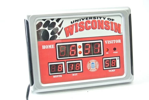 University of Wisconsin Badgers Scoreboard Alarm Clock Time Date Temp 9x6.5 Cover
