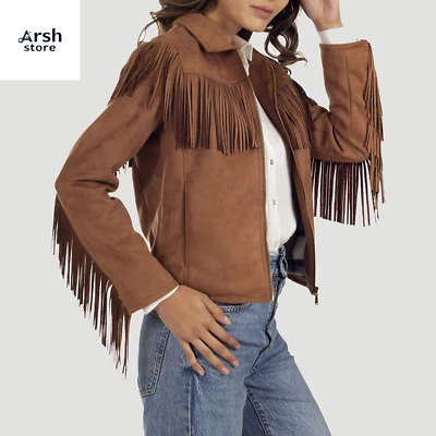 Women's Western Faux Suede Fringe Jacket Tan Brown Boho Rodeo Zip-Up Coat - Image 1 of 4