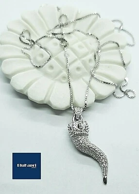Ciondolo ARGENTO 925 CORNO ZIRCONI BIANCHI + collana omaggio +Spedizione gratis - Immagine 1 di 4
