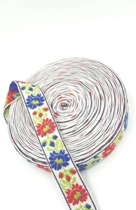 Woven Jacquard Flower Sewing Trim 5 Yard 1" Width Off White Blue Red Green FOLK - Picture 1 of 5
