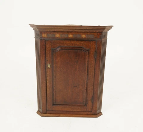 Antique Hanging Corner Cabinet, Georgian, Inlaid, Oak, Scotland 1830, H263 Cover