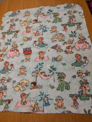 Vintage Baby Blanket Fleece With Baby Dolls And Animals Turtle Elephant Jungle  - Image 1 of 4