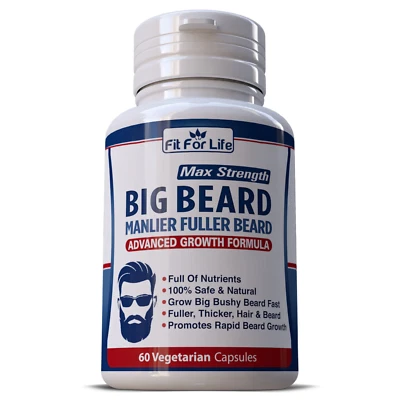 Grow Bushy BIG BEARD Supplement Fast Fuller Thicker Mustache Facial Hair Growth - Image 1 of 4