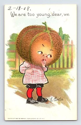 Postal San Valentín Cabeza de melón Pun E Curtis Tuck Años 1910 Sin publicar Parte posterior dividida Foto 1 de 2