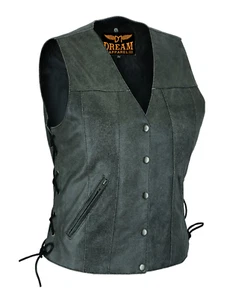 Gray Women's Naked Cowhide Leather Vest Motorcycle Biker Side Laces Waistcoat - Picture 1 of 4