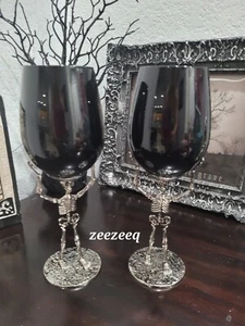 Halloween Metal Skeleton Gothic Black Wine Glasses Set of 2 - Picture 1 of 3
