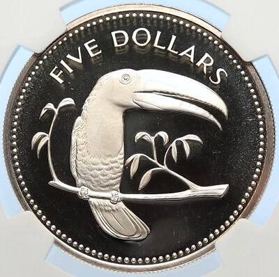 1974 BELIZE Avifauna Toucan BIRD VINTAGE Proof Silver 5 Dollar Coin NGC i106420 - Image 1 of 4