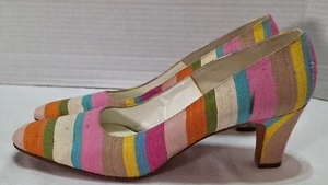 DeLiso Debs Shoes Womens Size 5 BLUE YELLOW PINK ORANGE GREEN TAN Vintage - Picture 1 of 5