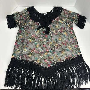 Women Boho Tunic Top Sheer Mesh Blue Floral Print - Picture 1 of 10