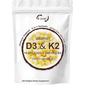 Vitamin D3 10000 iu Plus K2 (MK-7) 200 mcg,300 primary coconut oil soft capsules - Picture 1 of 9