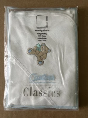 Vtg CARTER’S Classic White w/Teddy Bear Receiving Blanket ~ 100% Cotton 🌺 NEW - Image 1 of 4