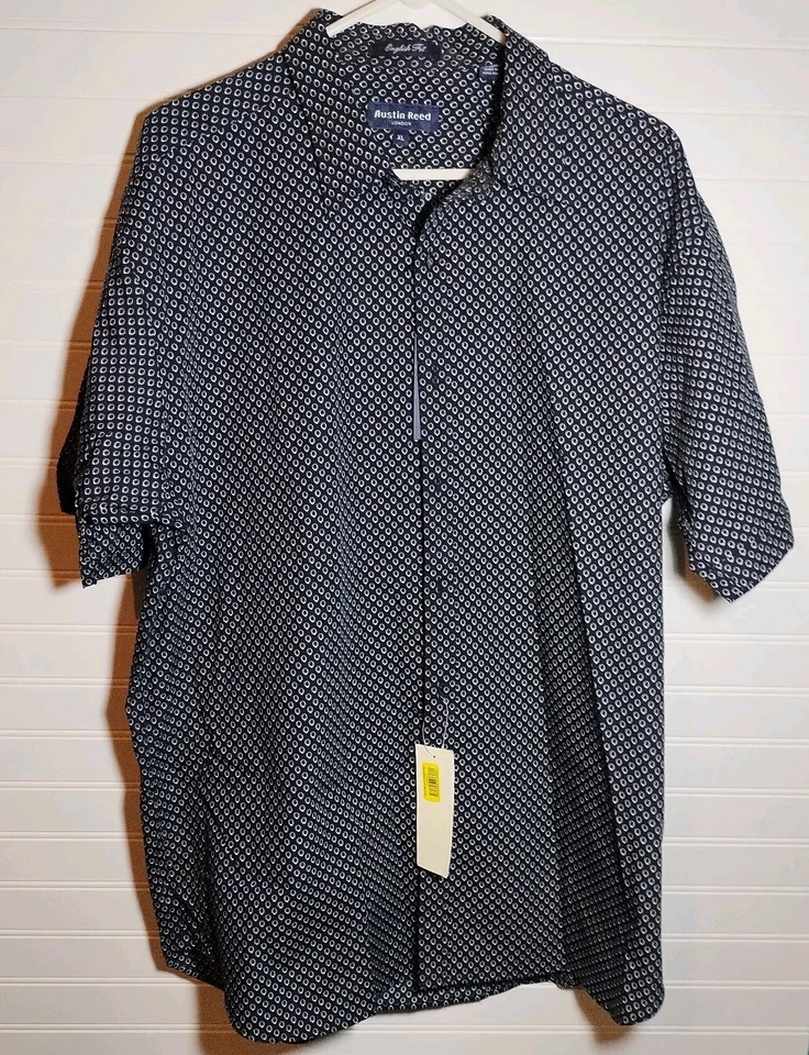 Austin Reed London Men XL Platinum Black Geometric Short Sleeve Button Up Shirt - Image 1 of 4