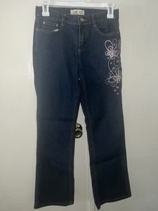 LEI Gabby Low rise Girl’s Denim Blue Jeans w/Pink Embroidered Butterflies Sz 14 - Picture 1 of 7