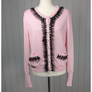 Vintage Berek Takako Sakon Pink Black Frilly Lace Button Down Cardigan Sweater L - Picture 1 of 8