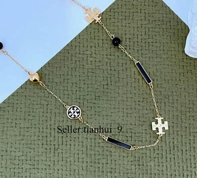 全新! Tory 镀金 TB 标志黑色项链带珠宝袋尺寸:97 厘米 — 第 1/2 张图片