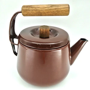 Vintage 1960s Brown Enamel Metalware Teapot Wood Handle camping 7"T X 6.5"L - Picture 1 of 12