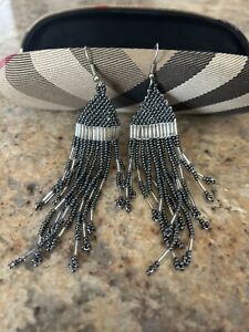 Boho Native American Style Hematite Seed Bead Beaded Earrings Fringe (194)