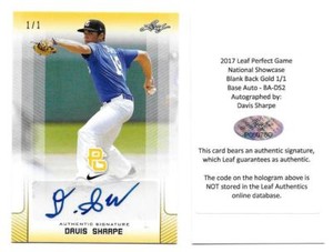 1/1 AUTO DAVIS SHARPE 2017 LEAF PERFECT GAME BLANK BACK AUTO GUARDIANS CLEMSON