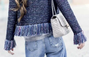 SALE £30 ~ZARA ~ BLUE TWEED FRINGED/ FRAYED JACKET~ BLOGGERS FAVOURITE~ S UK8/10 - Picture 1 of 5