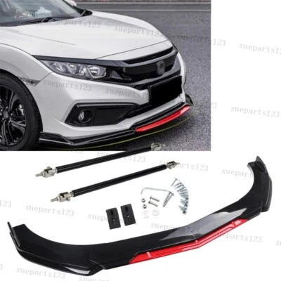 Gloss Black+Red For Honda Accord 2003-2023 Front Bumper Lip Splitter Strut Rods Foto 1 de 4