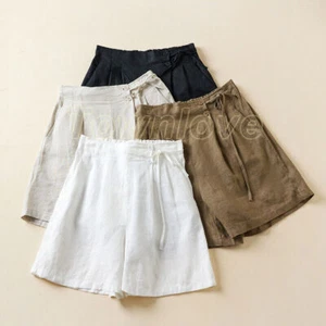 Women Cotton Linen Elastic Waist Loose Wide Legs Cropped Pants Summer Shorts - Picture 1 of 31