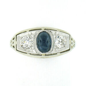 Antique Art Deco 18k Gold & Platinum Sapphire Diamond 3 Stone Filigree Band Ring