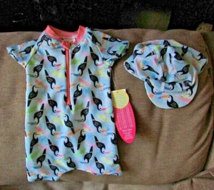 Sol Swim UPF 50+1pc Rash Guard Swimsuit With Hat Baby Girl Size 3-6 M NWT - Picture 1 of 8