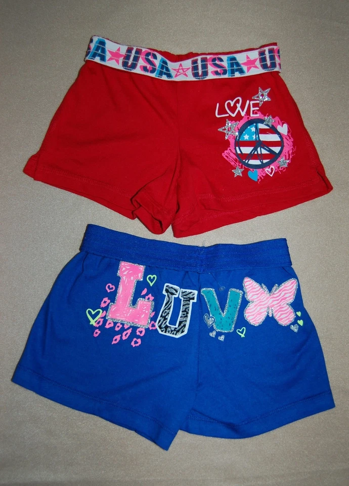 Pantalones Cortos Niñas DOS PARES Rojo EE. UU. Brillo AZUL REAL Luv MARIPOSA XS 4-5 Plegables Foto 1 de 1