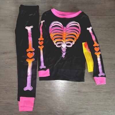 Girls Black & Pink Multicolored Bones & Hearts Halloween Pajamas Sleep Set NWT - Image 1 of 4